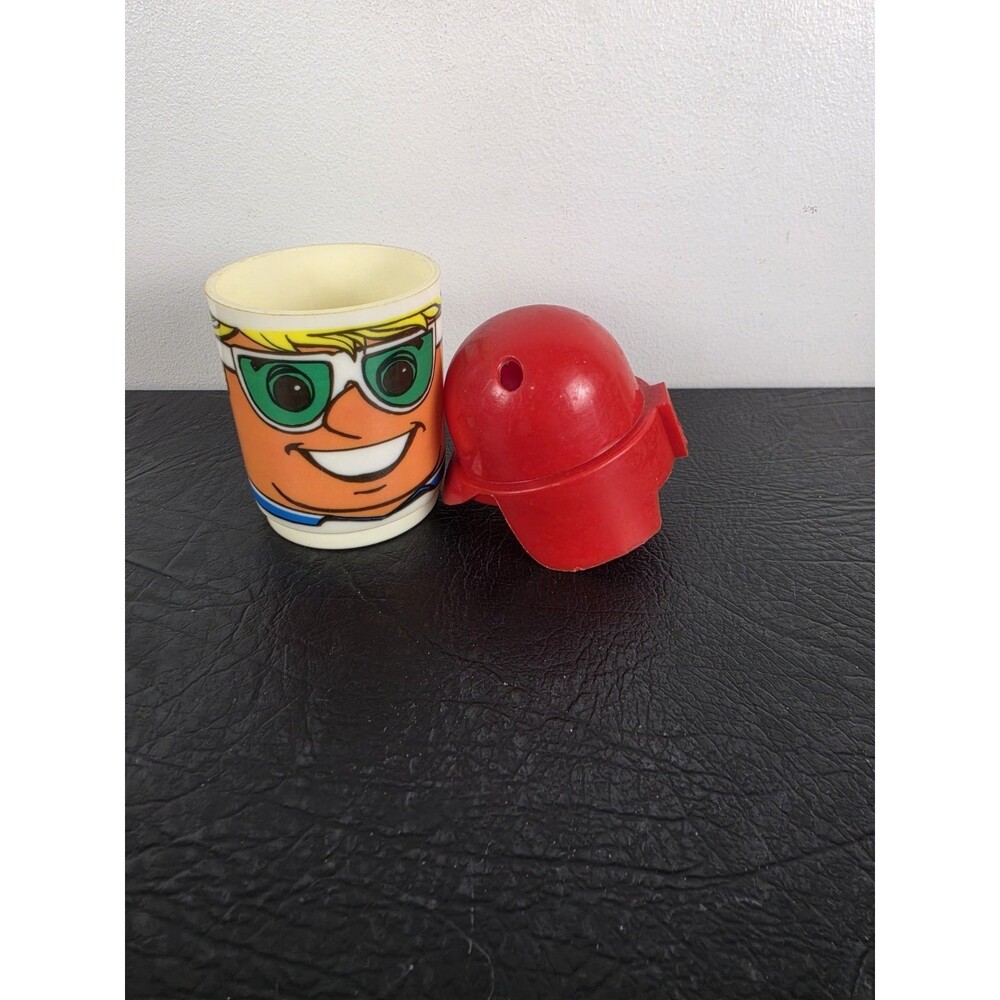 Vintage Deka Blonde Hair Mug/Cup, Red Helmet Hat Lid Straw retro 1970’s